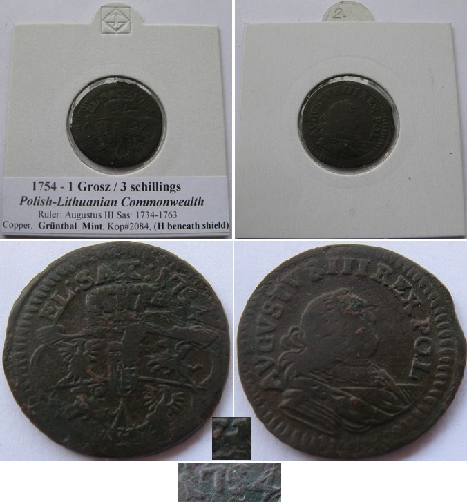 1754, Polish–Lithuanian Commonwealth - 1 grosz/3 schillings, Grünthal Mint (H beneath shield)   