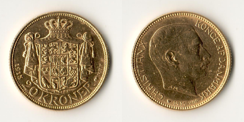 Dänemark  20 Kroner MM-Frankfurt Feingold: 8,06g Christian X (1912-1947) 1915 