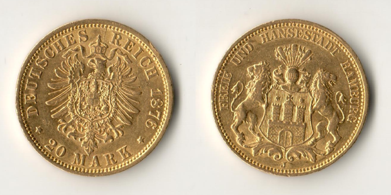 Hamburg, Kaiserreich  20 Mark MM-Frankfurt Feingold: 7,17g  1876 J 