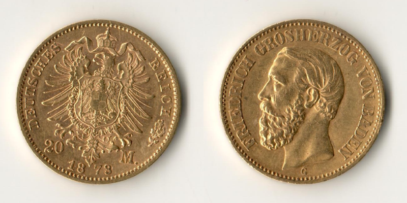  Deutsches Kaiserreich. Baden, Friedrich I.  20 Mark 1873 G   MM-Frankfurt   Feingold: 7,17g   