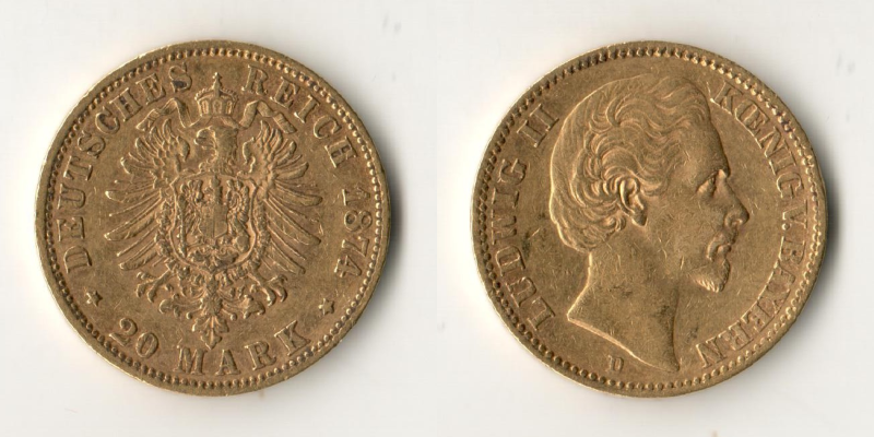 Bayern, Kaiserreich  20 Mark  1874 D MM-Frankfurt Feingold: 7,17g Ludwig II. 1864-1886  