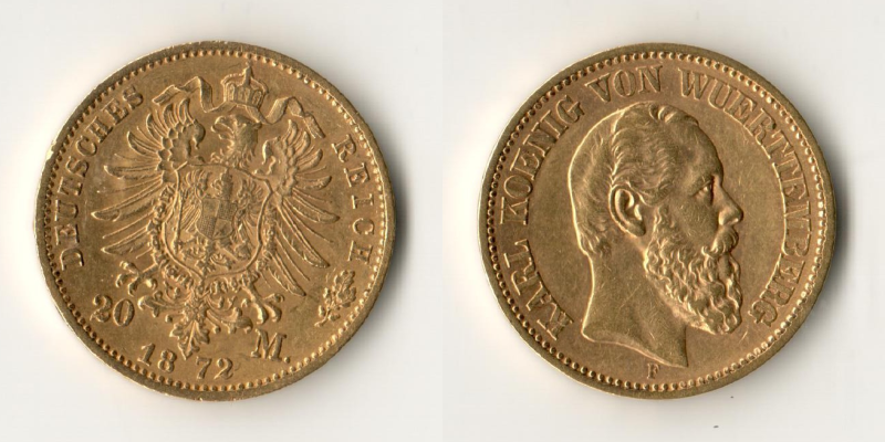 Deutsches Kaiserreich. Württemberg, Karl MM-Frankfurt Feingold: 7,17g 20 Mark 1872 F 
