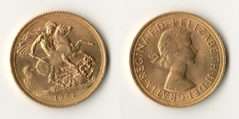 Grossbritannien, Elisabeth II MM-Frankfurt KM#908 Feingold: 7,34g 1 Sovereign 1964(1957-1968)  