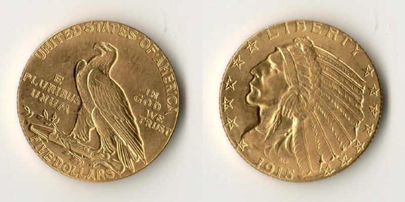  USA 5 Dollars (Indian Head) 1915 (1908-1929) MM-Frankfurt KM#129 Feingold: 7,524g   