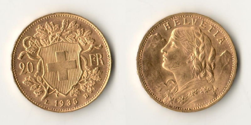  Schweiz 20 Francs Vreneli 1935 (1897-1935) MM-Frankfurt KM#35.1 Feingold: 5,805g   