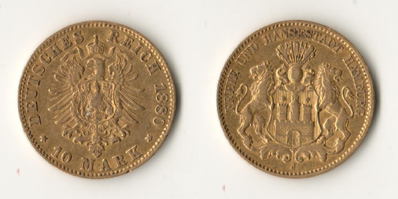 Deutsches Kaiserreich - Hamburg MM-Frankfurt Feingold: 3,58g 10 Mark 1880 J 