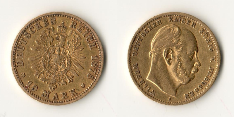 Preussen, Kaiserreich  10 Mark MM-Frankfurt KM#504 Feingold: 3,58g Wilhelm I 1875 A 