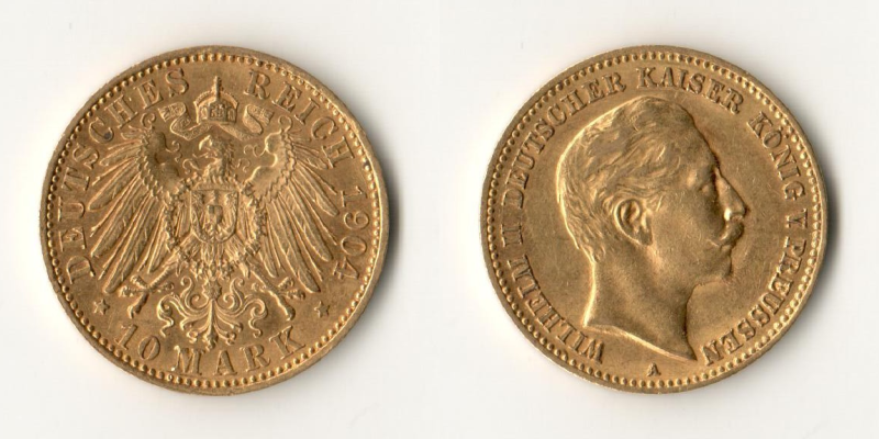 Preussen, Kaiserreich  10 Mark MM-Frankfurt Feingold: 3,58g Wilhelm II. 1888-1918 1904 A 