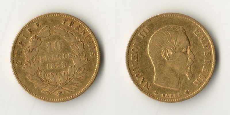 Frankreich  10 Francs MM-Frankfurt Feingold: 2,90g Napoleon III. 1852-1870 1859 A 