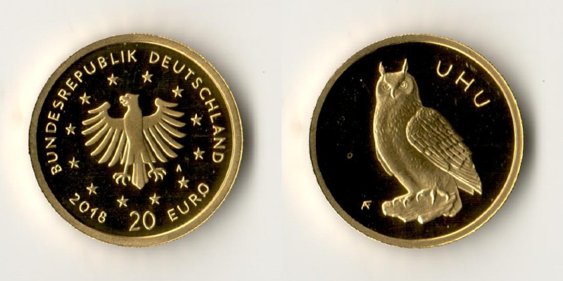 BRD  20 Euro  2018 A MM-Frankfurt Feingold: 3,88g Einheimische Vögel - Uhu  