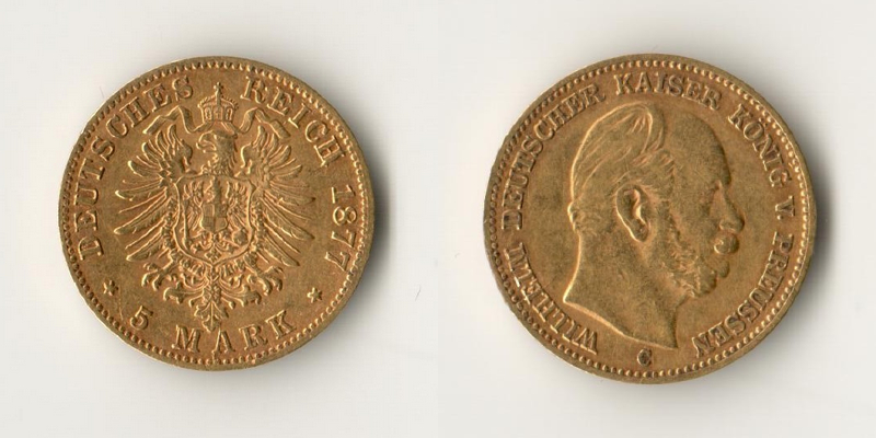 Deutsches Kaiserreich. Preussen, MM-Frankfurt.  Feingold: 1,79g Wilhelm I. 5 Mark 1877 C 