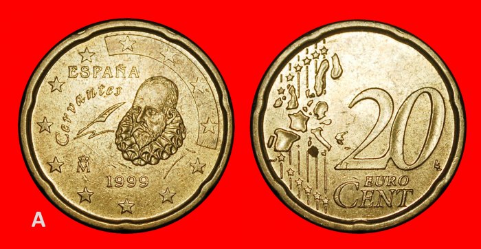  Ⰿ NORDIC GOLD (1999-2006): SPAIN ★ 20 EURO CENTS 1999 Cervantes (1547-1616)!★LOW START ★ NO RESERVE!   