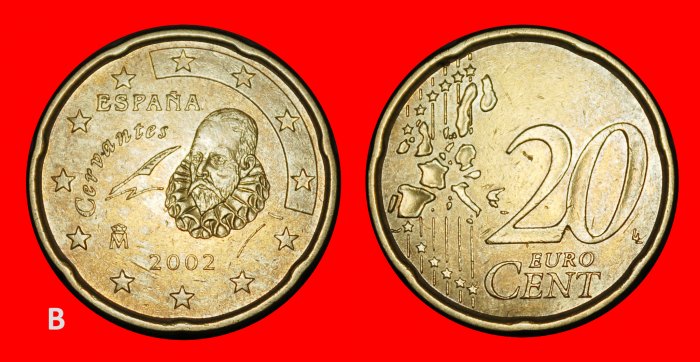  Ⰿ NORDIC GOLD (1999-2026): SPAIN ★ 20 EURO CENTS 2002 Cervantes (1547-1616)!★LOW START ★ NO RESERVE!   