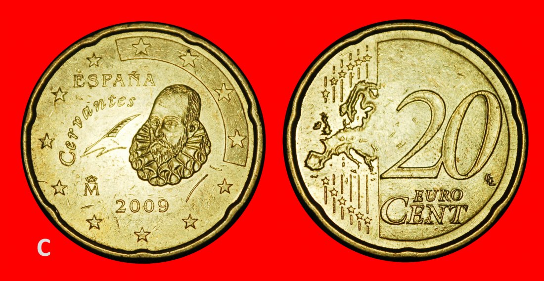  Ⰿ NORDIC GOLD (1999-2026): SPAIN ★ 20 EURO CENTS 2009 Cervantes (1547-1616)!★LOW START ★ NO RESERVE!   