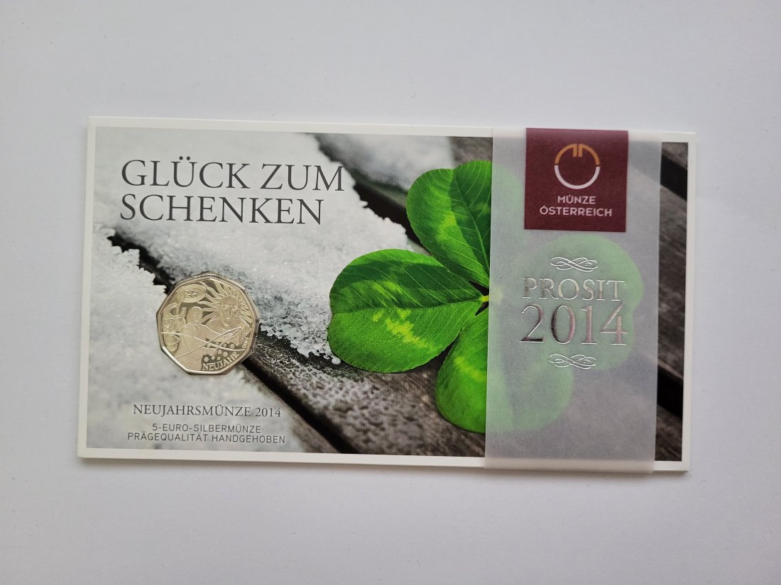  5 Euro 2014 Glück zum Schenken Neujahr Blister Ag 800/8g fein Österreich Spittalgold9800 (04974)   