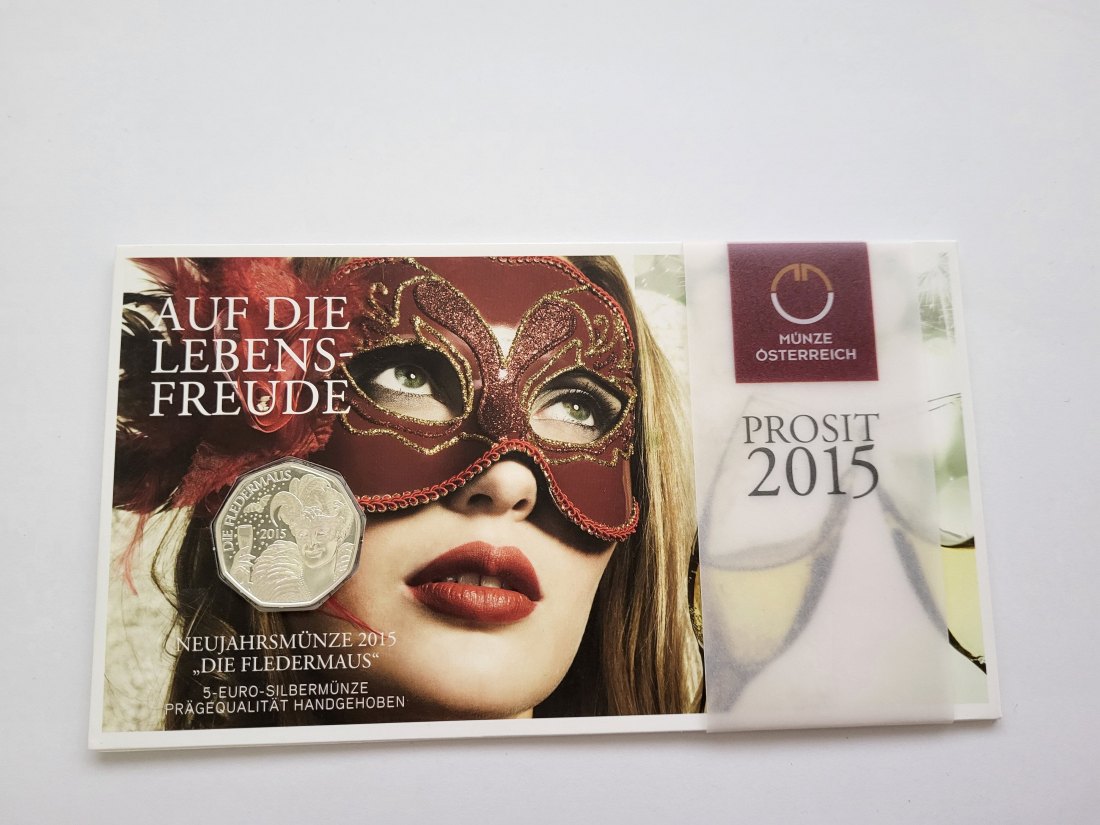  5 Euro 2015 Auf die Lebensfreude Fledermaus Blister Ag800/8g fein Österreich Spittalgold9800 (04974)   