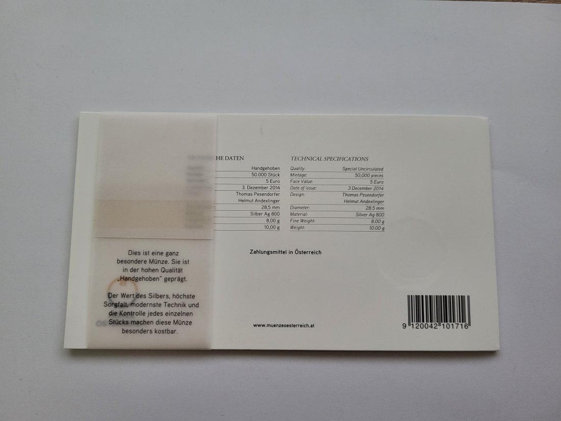  5 Euro 2015 Auf die Lebensfreude Fledermaus Blister Ag800/8g fein Österreich Spittalgold9800 (04974)   