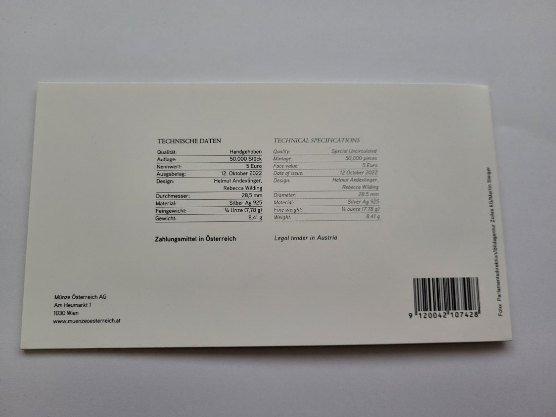  5 Euro 2022 Demokratie Blister Ag 925/7,78g fein Österreich Spittalgold9800 (04974)   