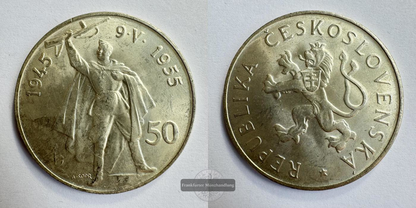  Tschechoslowakei 50 Korun (10 Years - Liberation) 1955 FM-Frankfurt KM#44 Feinsilber: 18g   