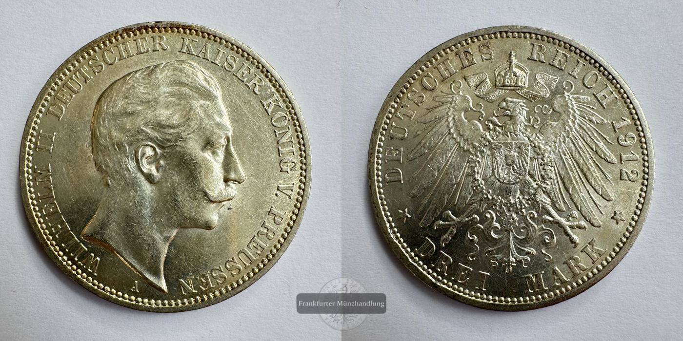  Dt. Kaiserreich Preussen 3 Mark 1912 A Wilhelm II FM-Frankfurt KM#527 Feinsilber: 15g   