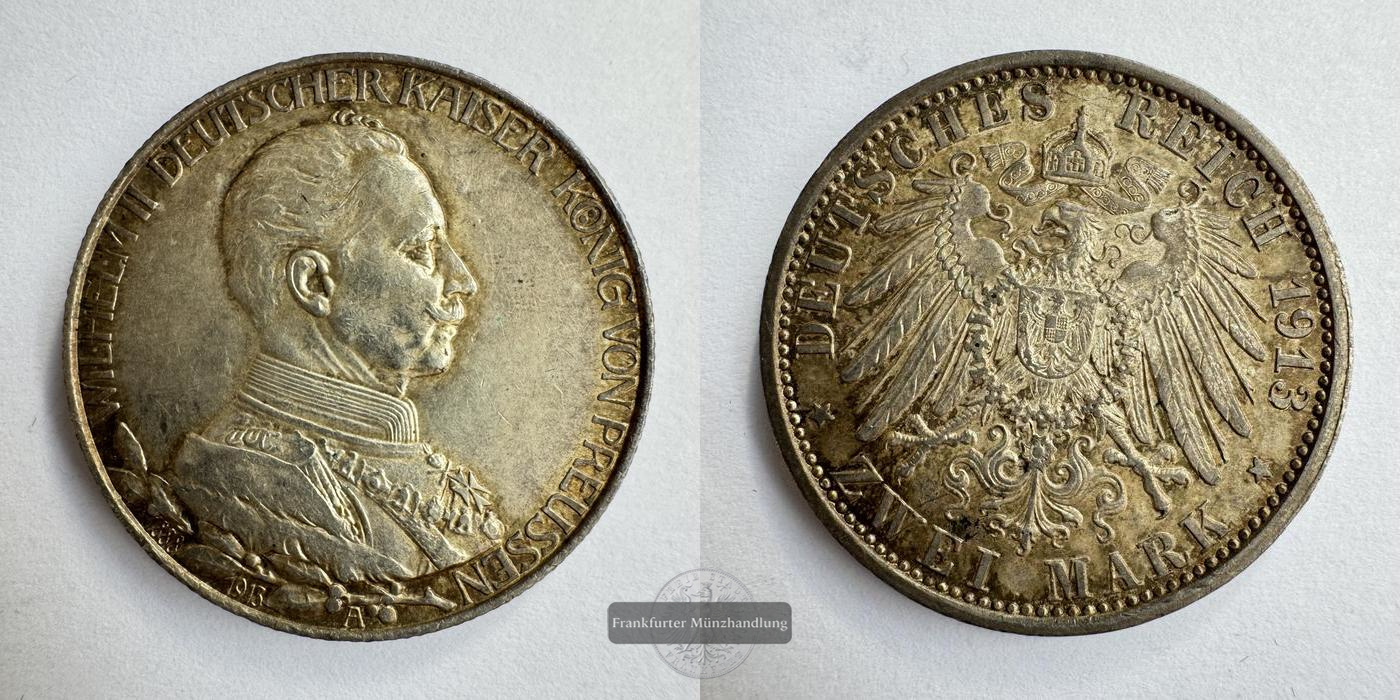  Kaiserreich, Preussen  2 Mark  1913 A  Wilhelm II. in Uniform FM-Frankfurt Feinsilber: 10g   