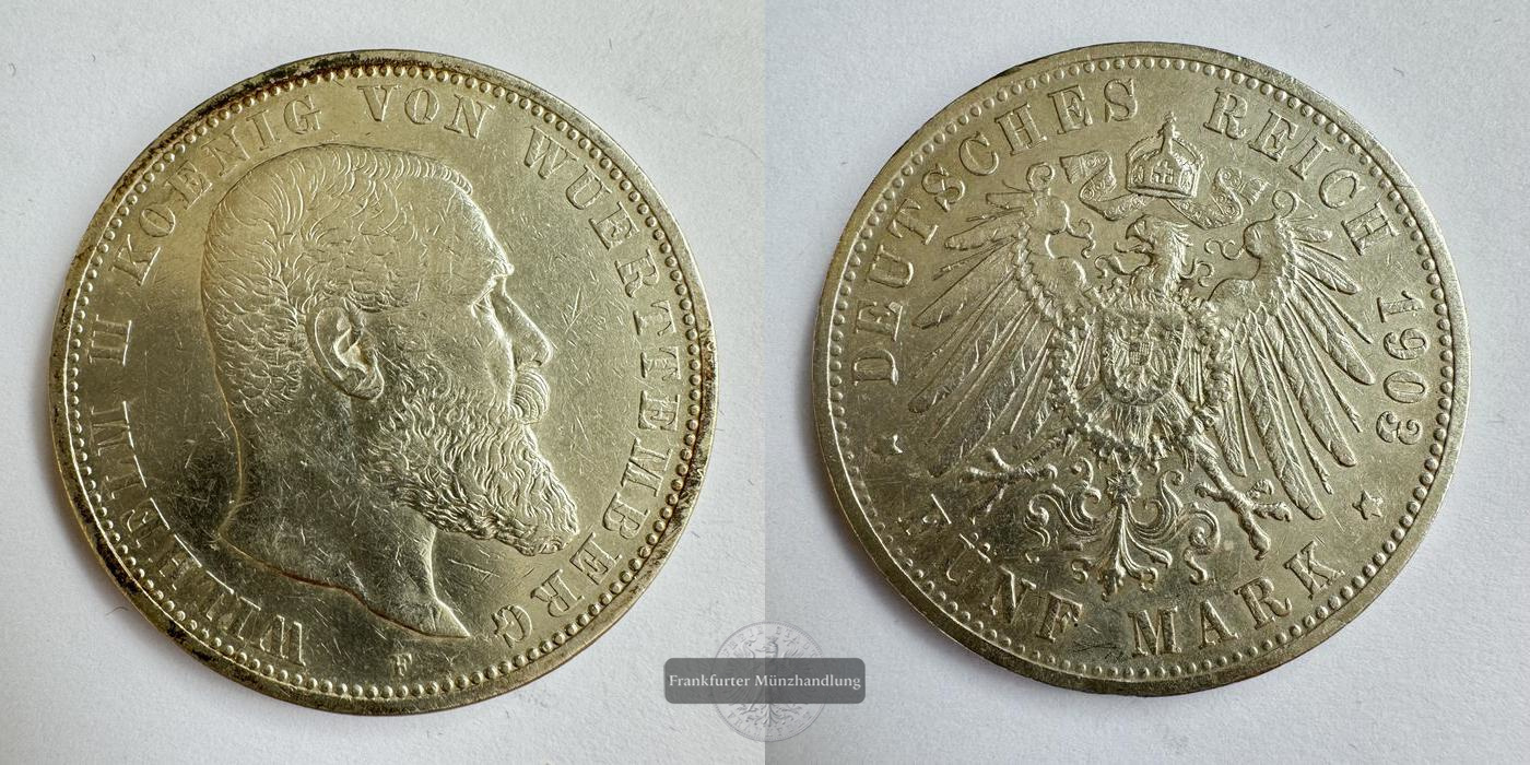  DR. Württemberg 5 Mark William II 1903 (1892-1913) 'F' FM-Frankfurt KM#632 Feinsilber: 25g   