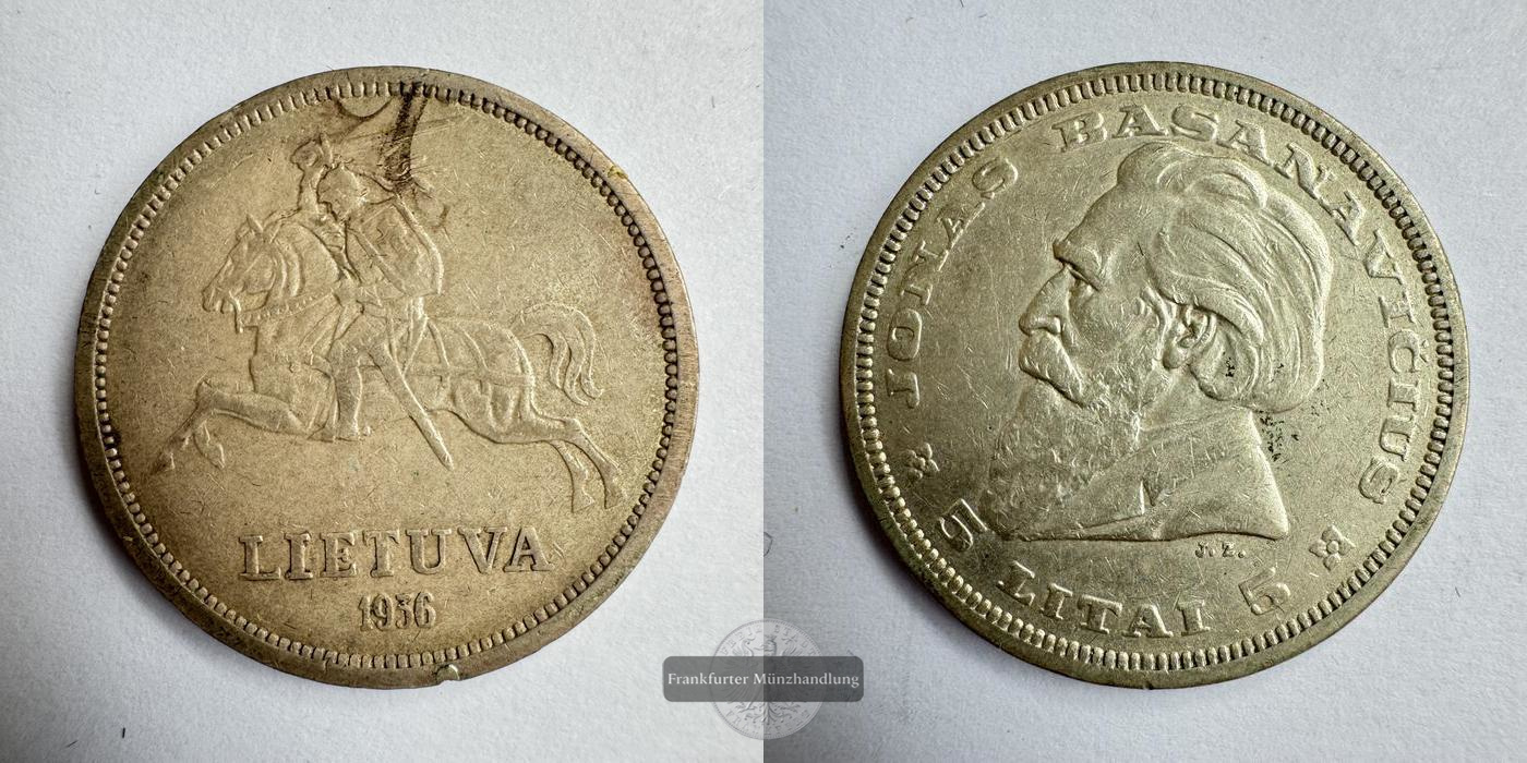  Litauen 5 Litai (Jonas Basanavičius) 1936 FM-Frankfurt KM#82 Feinsilber: 6,75g   