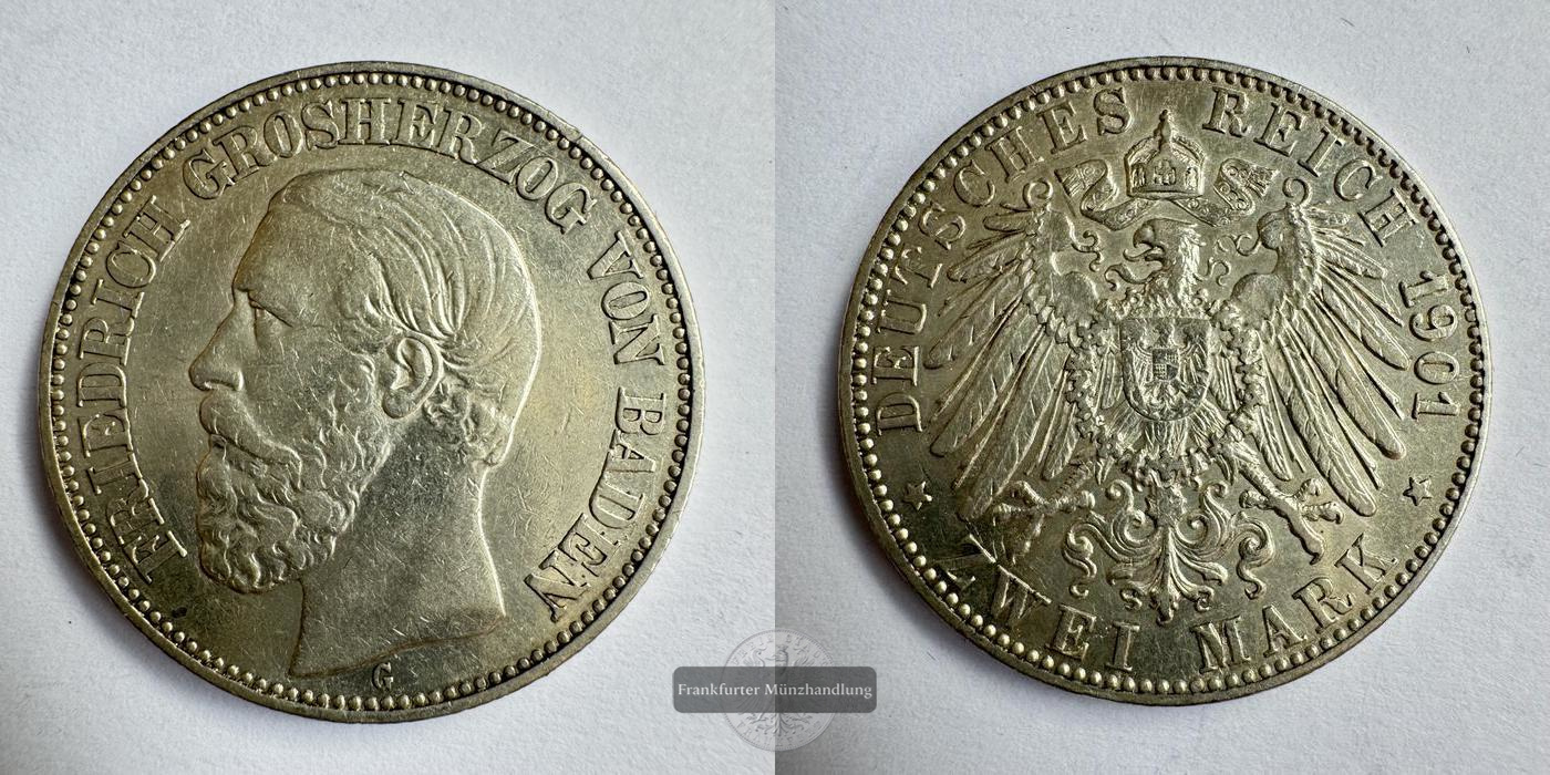  Dt. Kaiserreich Baden, 2 Mark 1901 Friedrich I. FM-Frankfurt KM#269 Feinsilber: 10g   