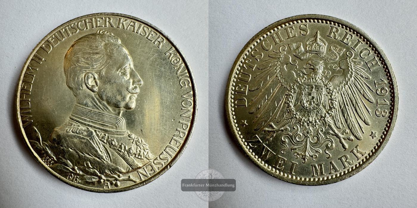  Kaiserreich, Preussen  2 Mark  1913 A  Wilhelm II. in Uniform FM-Frankfurt Feinsilber: 10g   