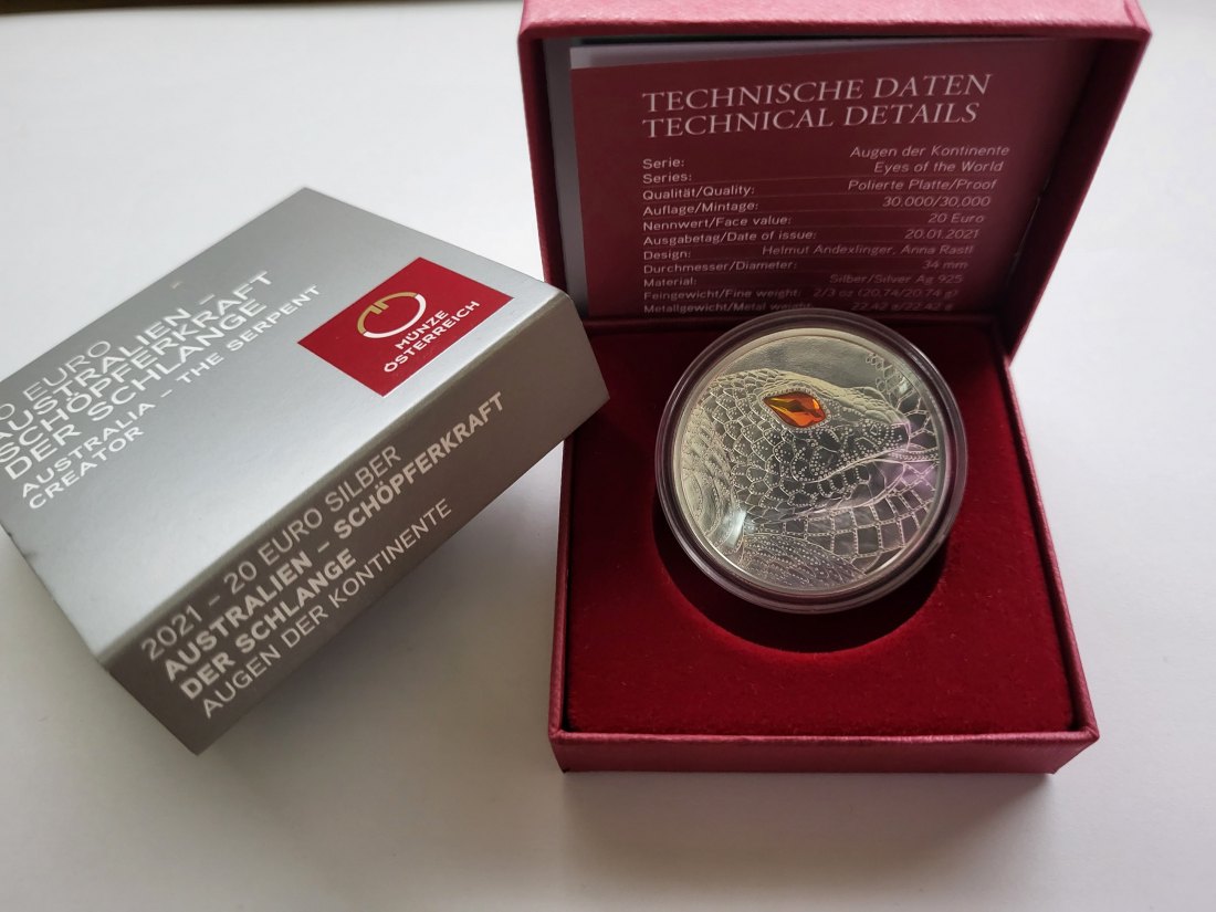  20 Euro 2021 Australien Schlange Schöpferkra 925/20,74g fein silber Österreich Spittalgold9800 (5370   