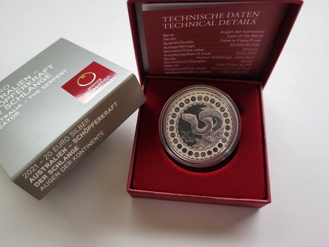  20 Euro 2021 Australien Schlange Schöpferkra 925/20,74g fein silber Österreich Spittalgold9800 (5370   