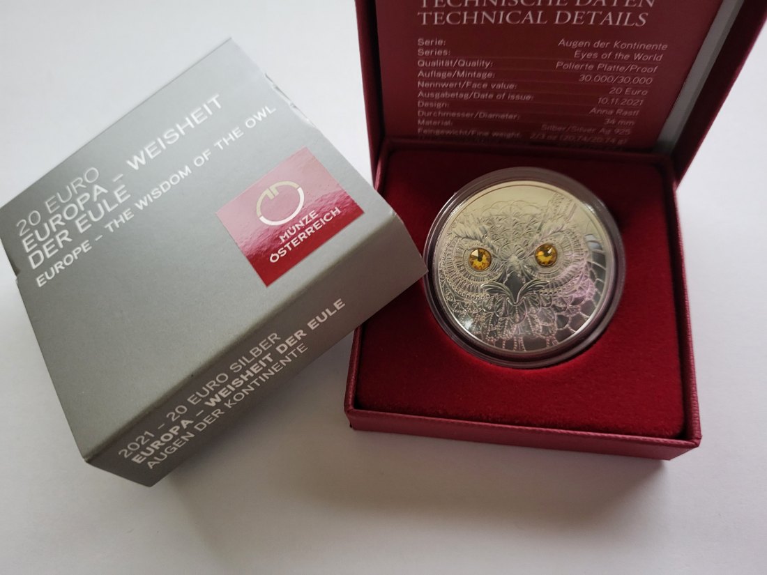 20 Euro 2021 Europa Weisheit der Eule 925/20,74g fein silber Österreich Spittalgold9800 (5370   