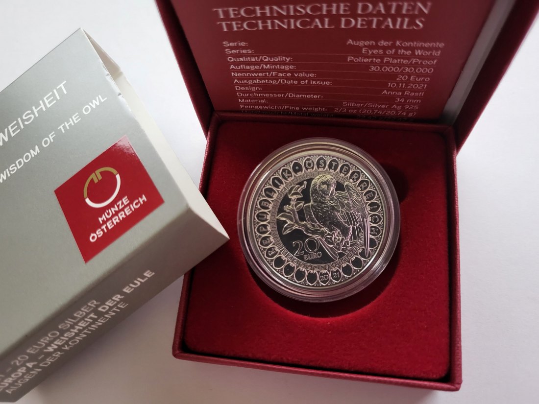  20 Euro 2021 Europa Weisheit der Eule 925/20,74g fein silber Österreich Spittalgold9800 (5370   