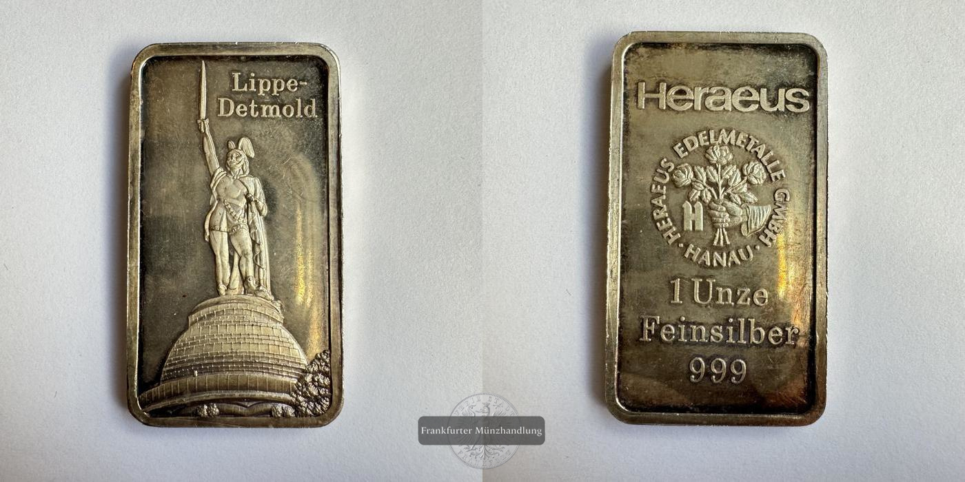  Deutschland Heraeus Silberbarren 1oz Lippe-Detmold FM-Frankfurt Feinsilber: 31,1g   