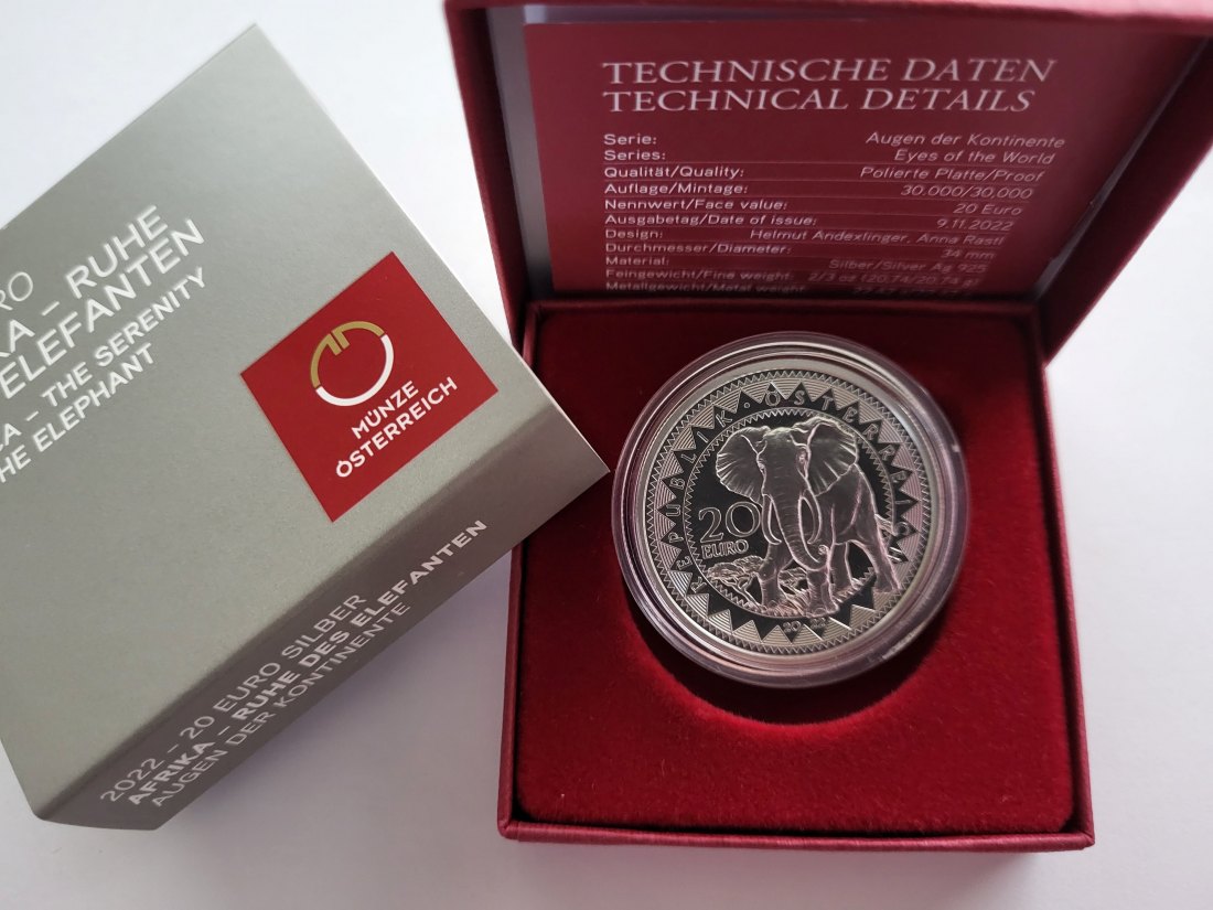  20 Euro 2022 Afrika Ruhe des Elefanten 925/20,74g fein silber Österreich Spittalgold9800 (5370   