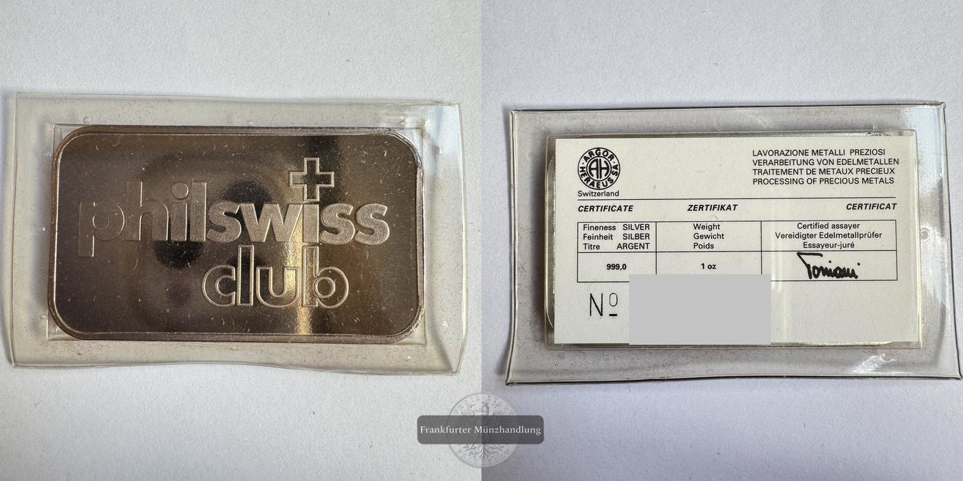  Schweiz. PhilSwiss Silberbarren 1oz Argor-Heraeus Mauerfall FM-Frankfurt Feinsilber: 31,1g   