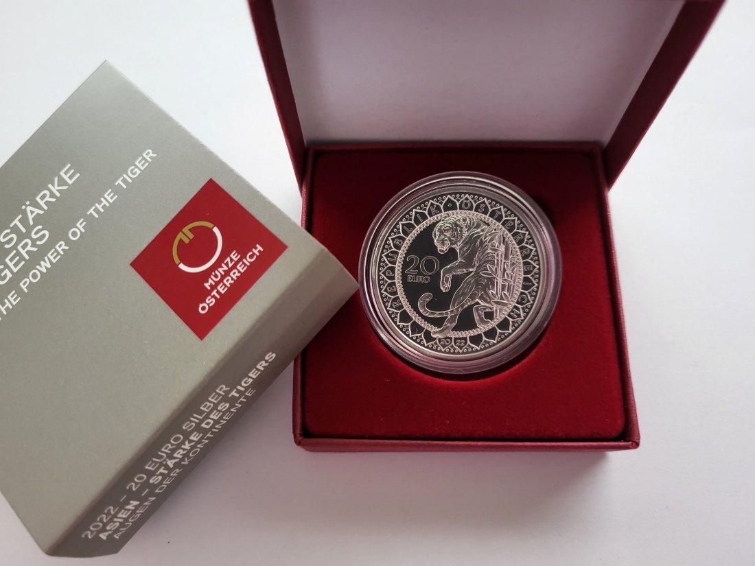  20 Euro 2022 Asien Stärke des Tigers 925/20,74g fein silber Österreich Spittalgold9800 (5370   