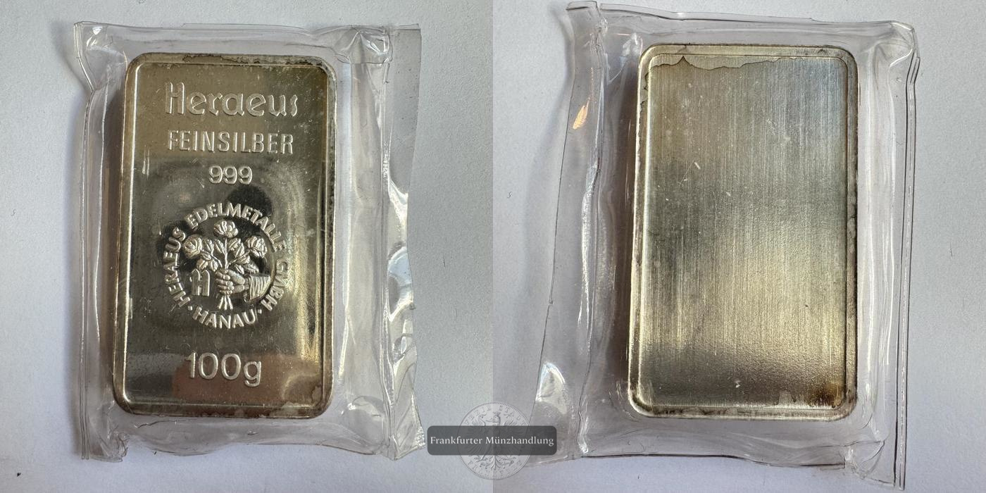  Deutschland Silberbarren 100g Heraeus  FM-Frankfurt   Feinsilber: 100g   
