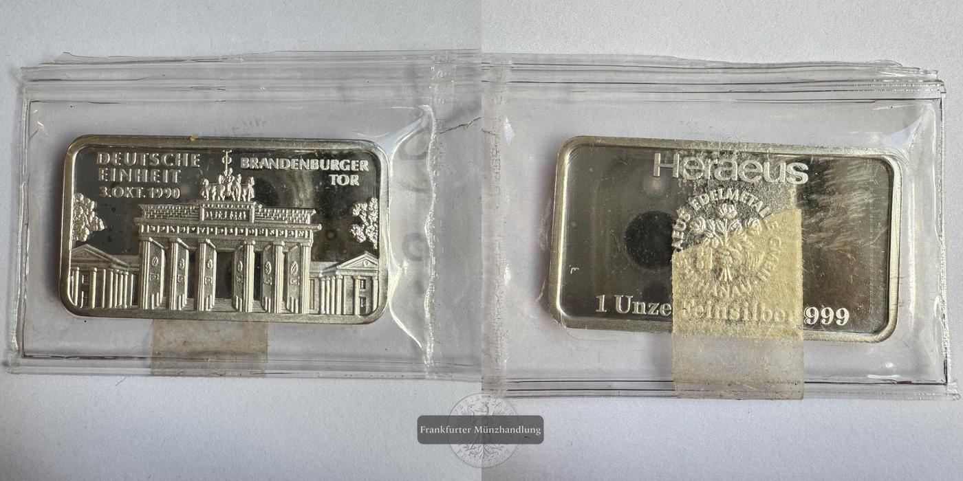  Deutschland Heraeus Silberbarren 1oz Brandenburger Tor FM-Frankfurt Feinsilber: 31,1g   