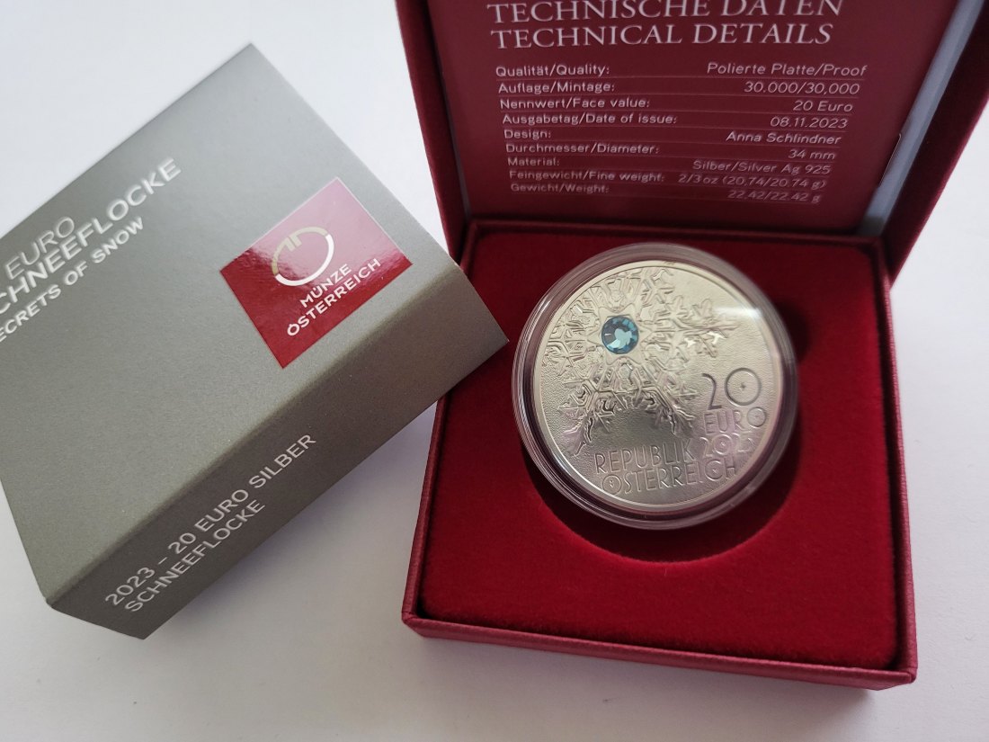  20 Euro 2023 Schneeflocke 925/20,74g fein silber Österreich Spittalgold9800 (5370   