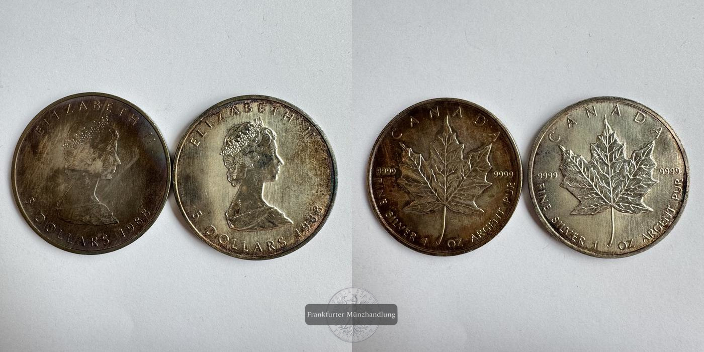  Kanada 5 Dollars 1988 Maple Leaf FM-Frankfurt Feinsilber: 62,2g   