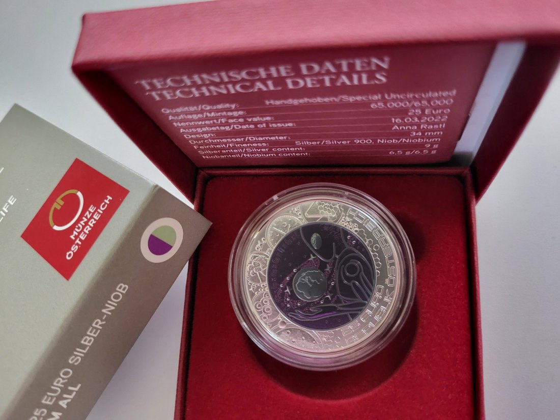  25 Euro 2022 Leben im All Silber Niob 900 Ag Österreich Spittalgold9800 (5374   