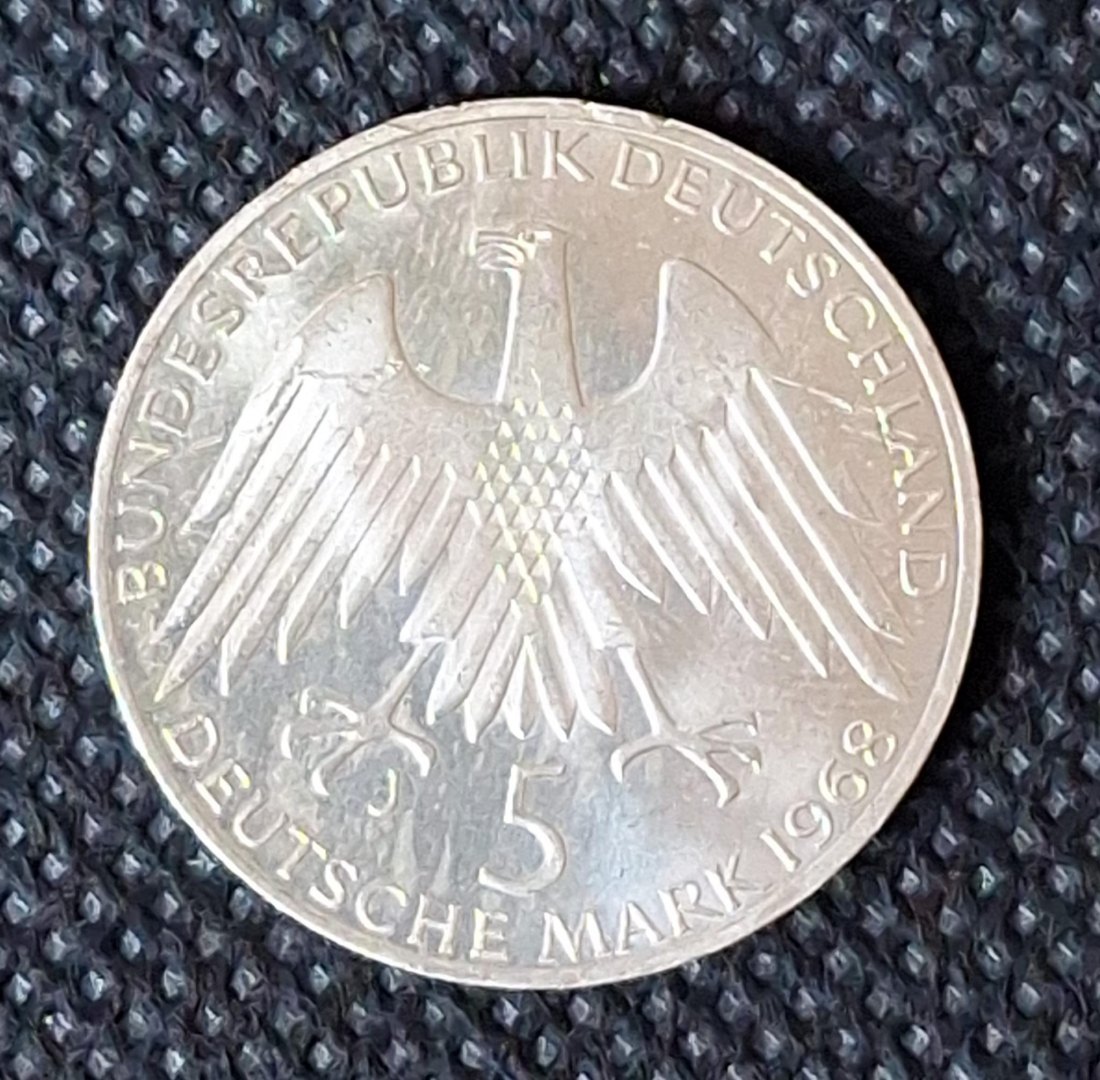  BRD Silber Gedenkmünze 5 DM 1968 J Raiffeisen, Feingewicht 7 Gramm   