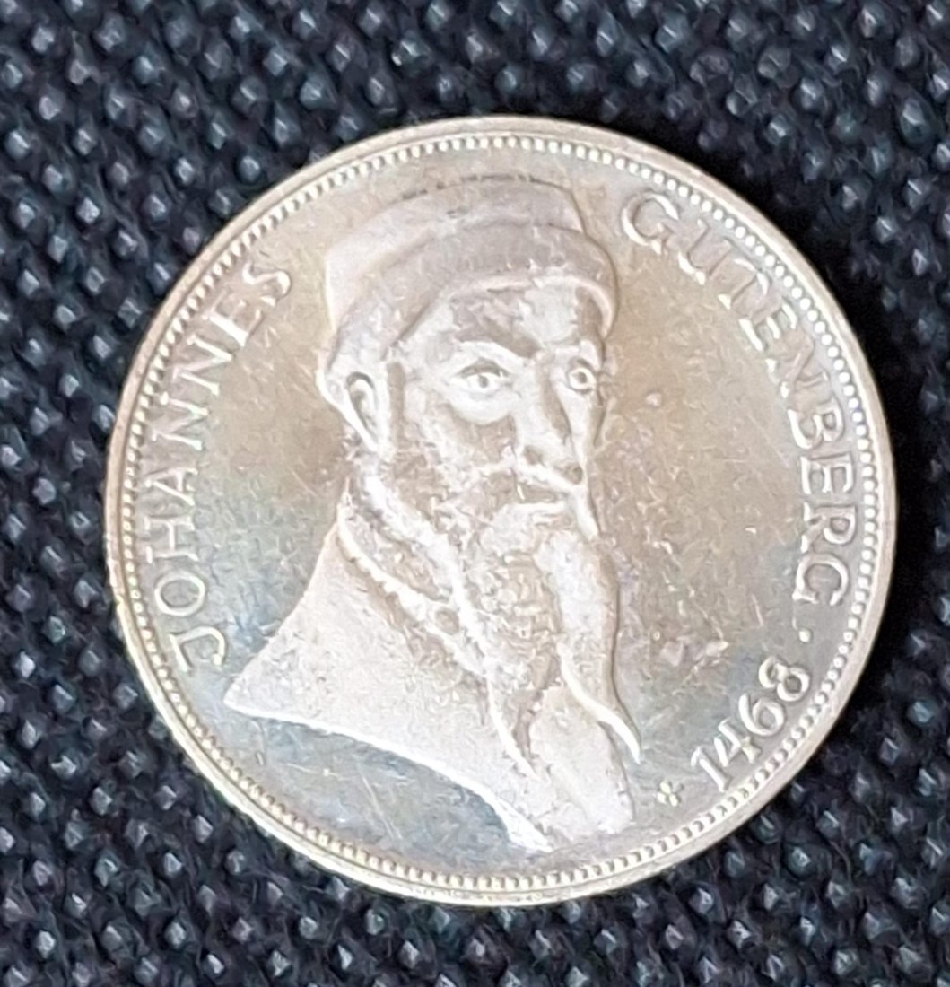  Silbermünze BRD: 5 DM Gedenkmünze 1968 G, Gutenberg, Feingewicht 7,0 Gramm   