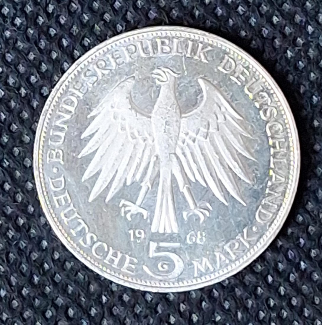  Silbermünze BRD: 5 DM Gedenkmünze 1968 G, Gutenberg, Feingewicht 7,0 Gramm   