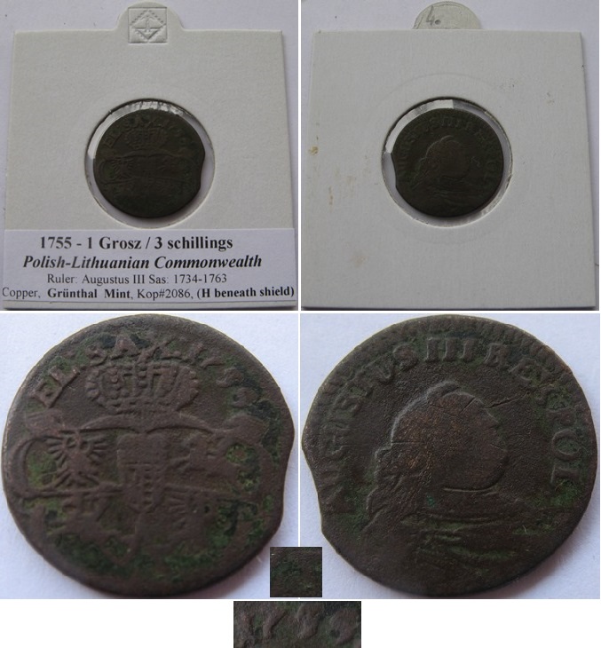  1755, Polish–Lithuanian Commonwealth - 1 grosz/3 schillings, Grünthal Mint (H beneath shield)   