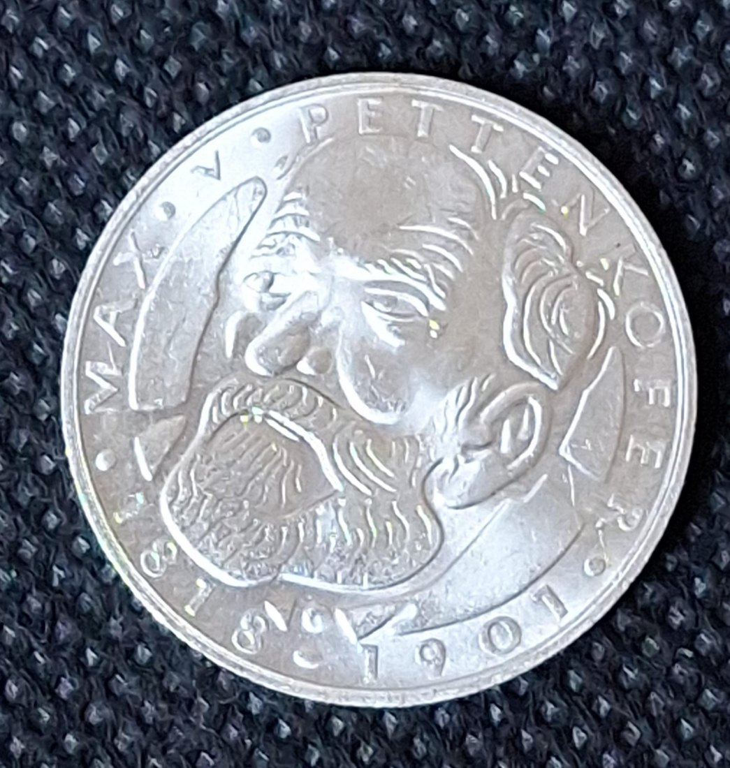  Silbermünze BRD: 5 DM Gedenkmünze 1968 D, Pettenkofer, Feingewicht 7,0 Gramm   