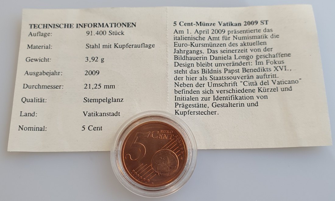  Vatikanstadt 5 Euro Cent 2009 Papst Benedikt XVI. Stempelglanz Auflage: 91400 Stück + Zertifikat   