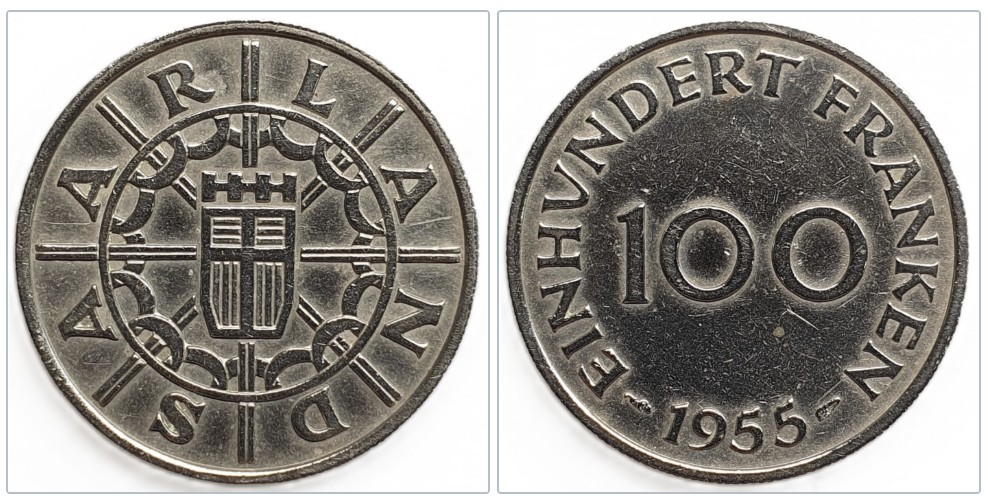  Saarland 100 Franken, 1955   