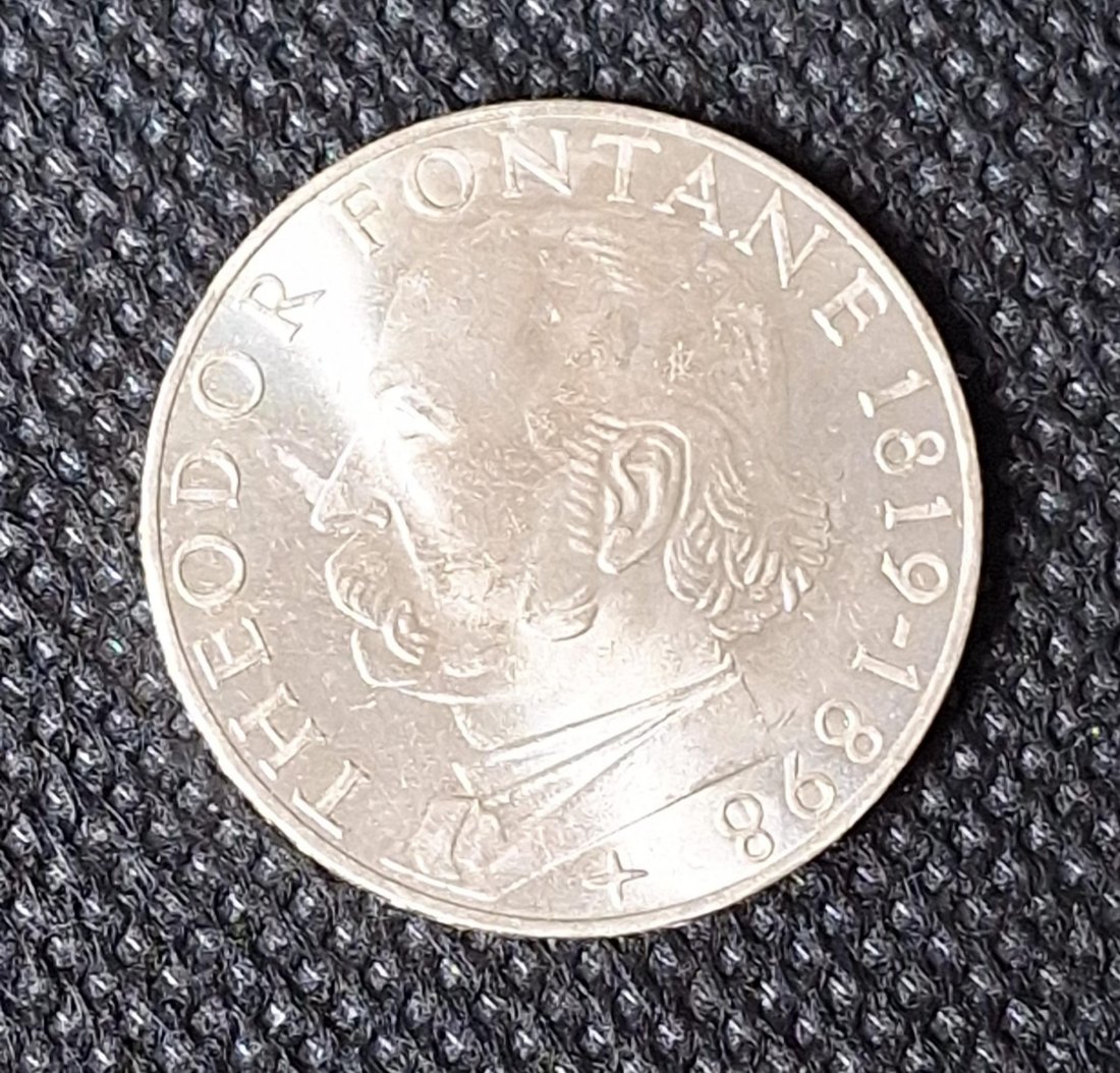  Silber Gedenkmünze BRD: 5 DM 1969 G, Fontane, Feingewicht 7 Gramm   